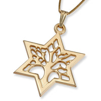 14K Gold Star of David with Tree of Life Design Pendant Necklace (Choice of Color)