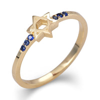14K Yellow Gold Star of David Ring With Blue Sapphire Stones