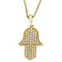 Luxurious 14K Yellow Gold Hamsa Pendant Necklace With Cubic Zirconia Stones