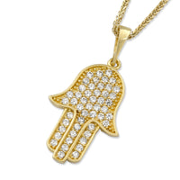 Luxurious 14K Yellow Gold Hamsa Pendant Necklace With Cubic Zirconia Stones