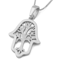 14K Gold Hamsa Pendant Necklace With Tree of Life Design