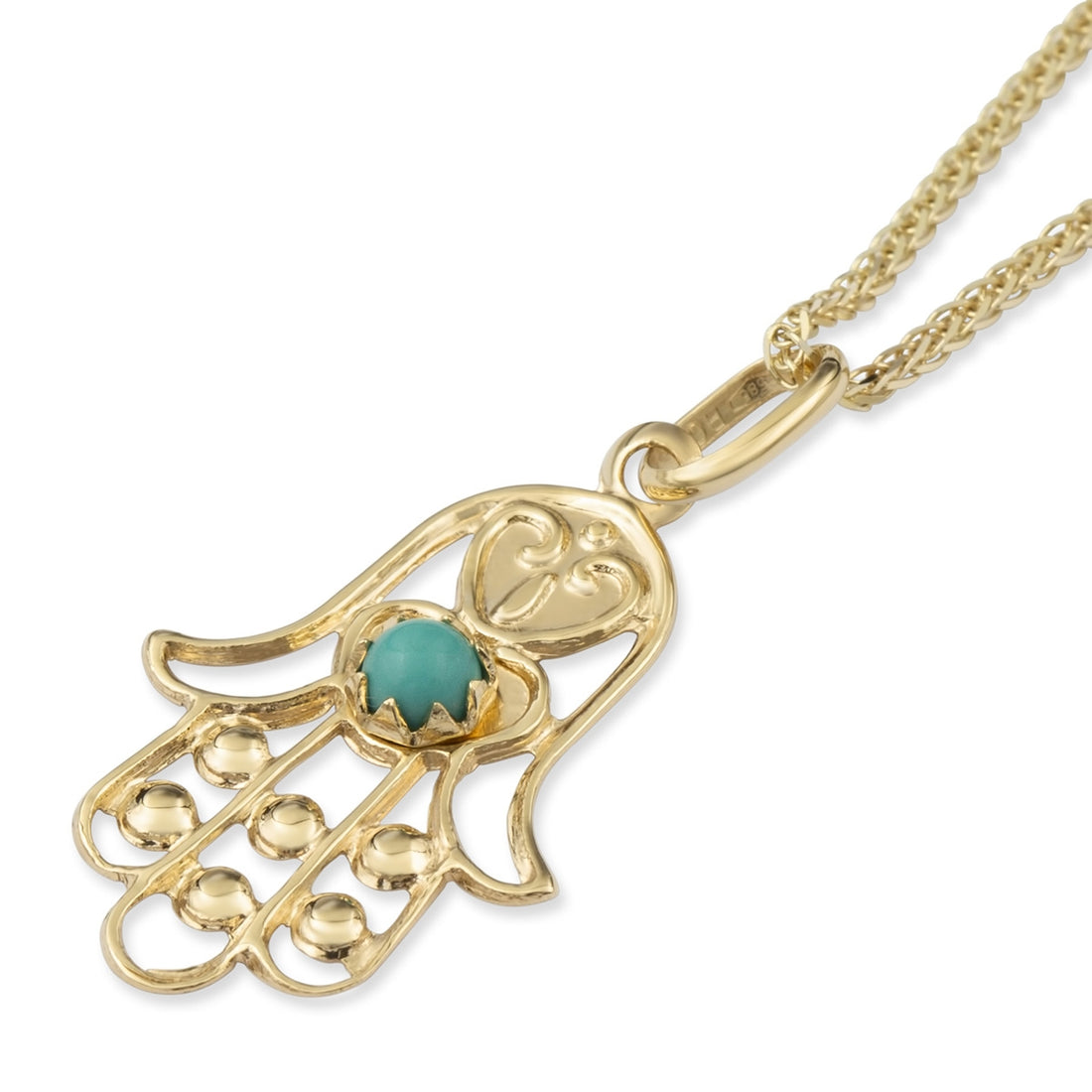 14K Yellow Gold Ornate Hamsa Pendant Necklace With Turquoise Stone