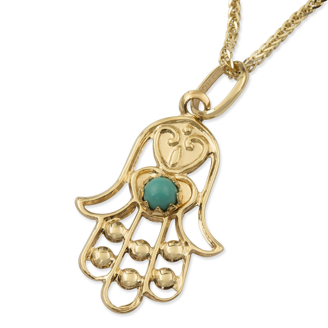 14K Yellow Gold Ornate Hamsa Pendant Necklace With Turquoise Stone
