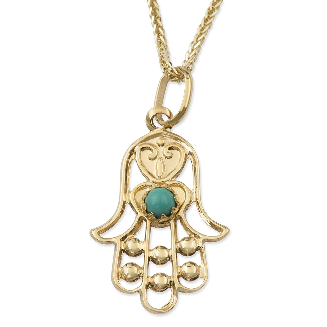 14K Yellow Gold Ornate Hamsa Pendant Necklace With Turquoise Stone