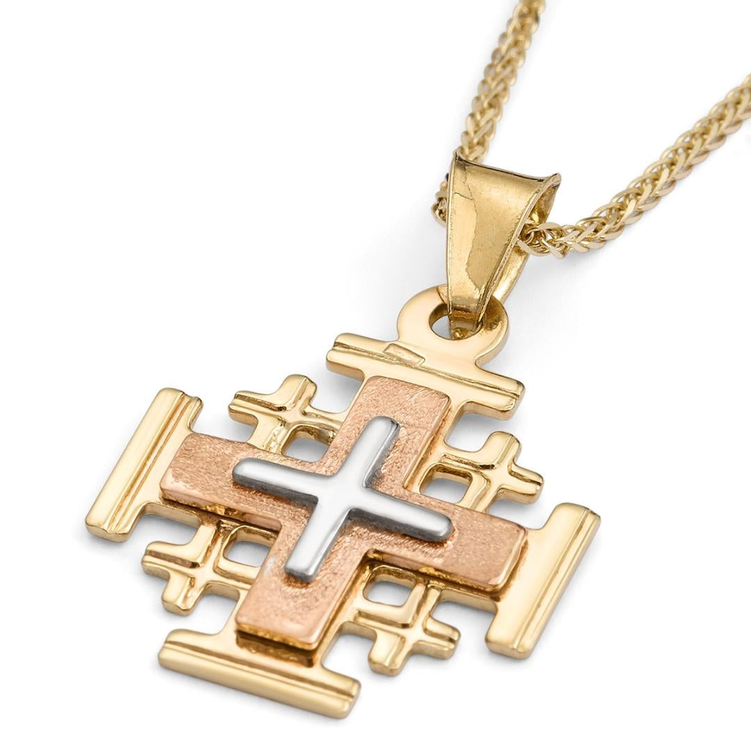 14K Yellow, Rose & White Gold Three-Toned Small Jerusalem Cross Pendant