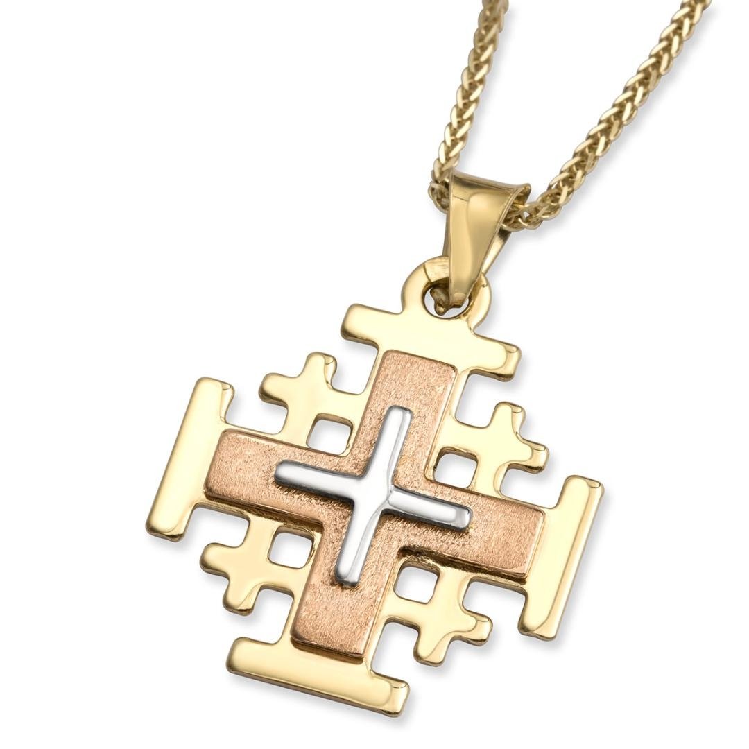 14K Yellow, Rose White Gold Three-Toned Jerusalem Cross Pendant