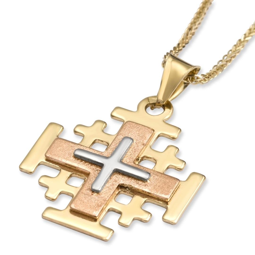 14K Yellow, Rose & White Gold Three-Toned Jerusalem Cross Pendant