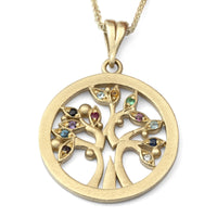14K Yellow Gold Tree of Life Pendant Necklace With Colorful Gemstones