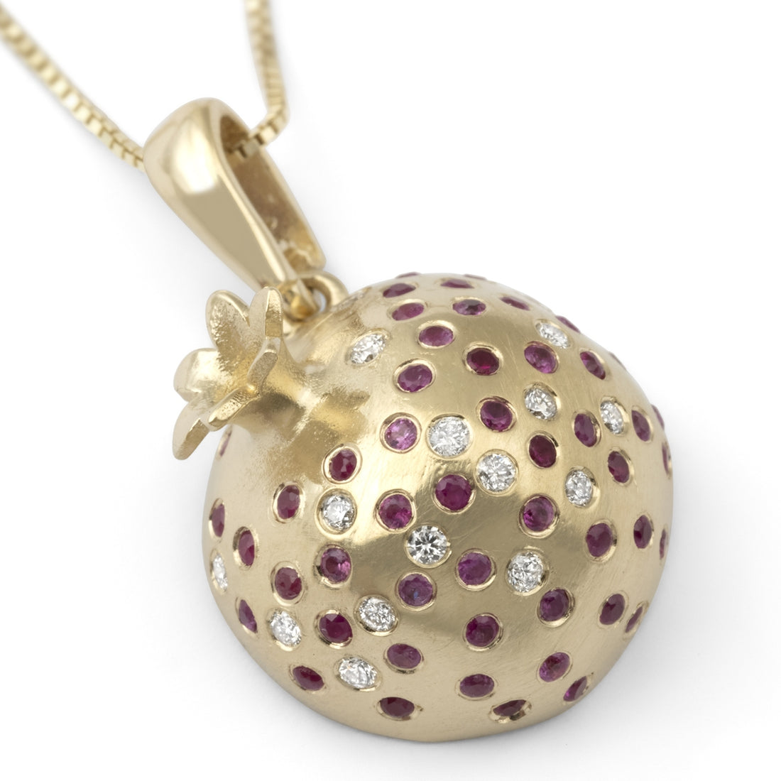 Three-Dimensional 14K Yellow Gold Pomegranate Diamond Pendant Necklace With Ruby Stones