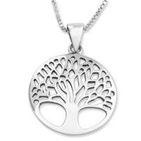 Large Sterling Silver Circular Unisex Pendant Necklace With Tree of Life Design