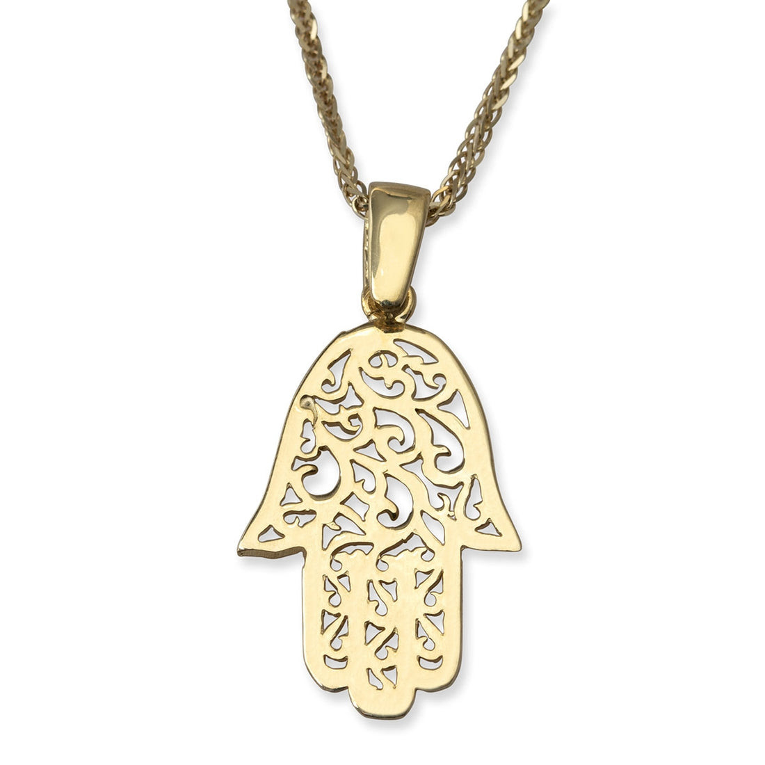 Trendy 14K Yellow Gold Hamsa Pendant Necklace With Filigree Design