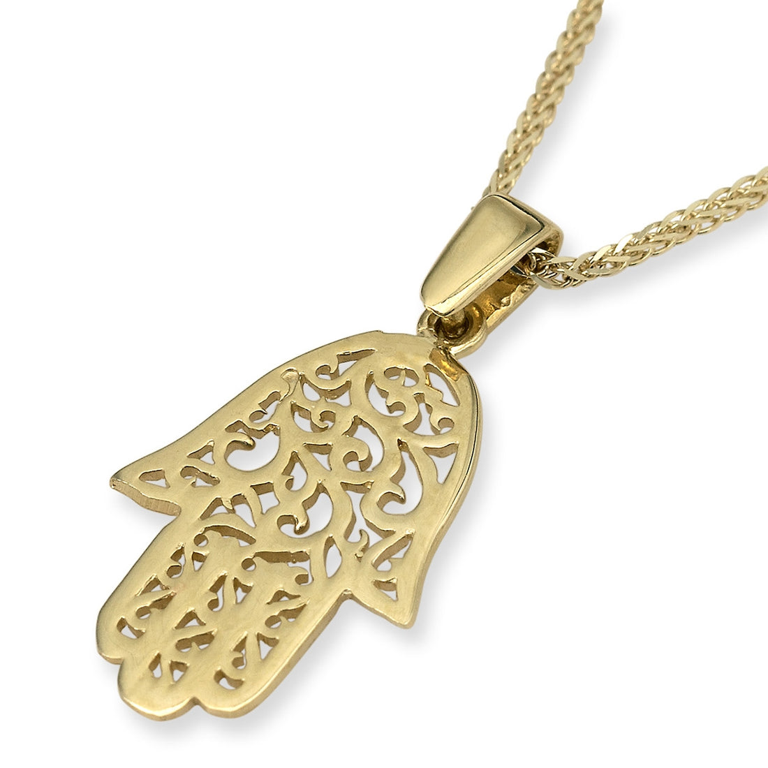 Trendy 14K Yellow Gold Hamsa Pendant Necklace With Filigree Design
