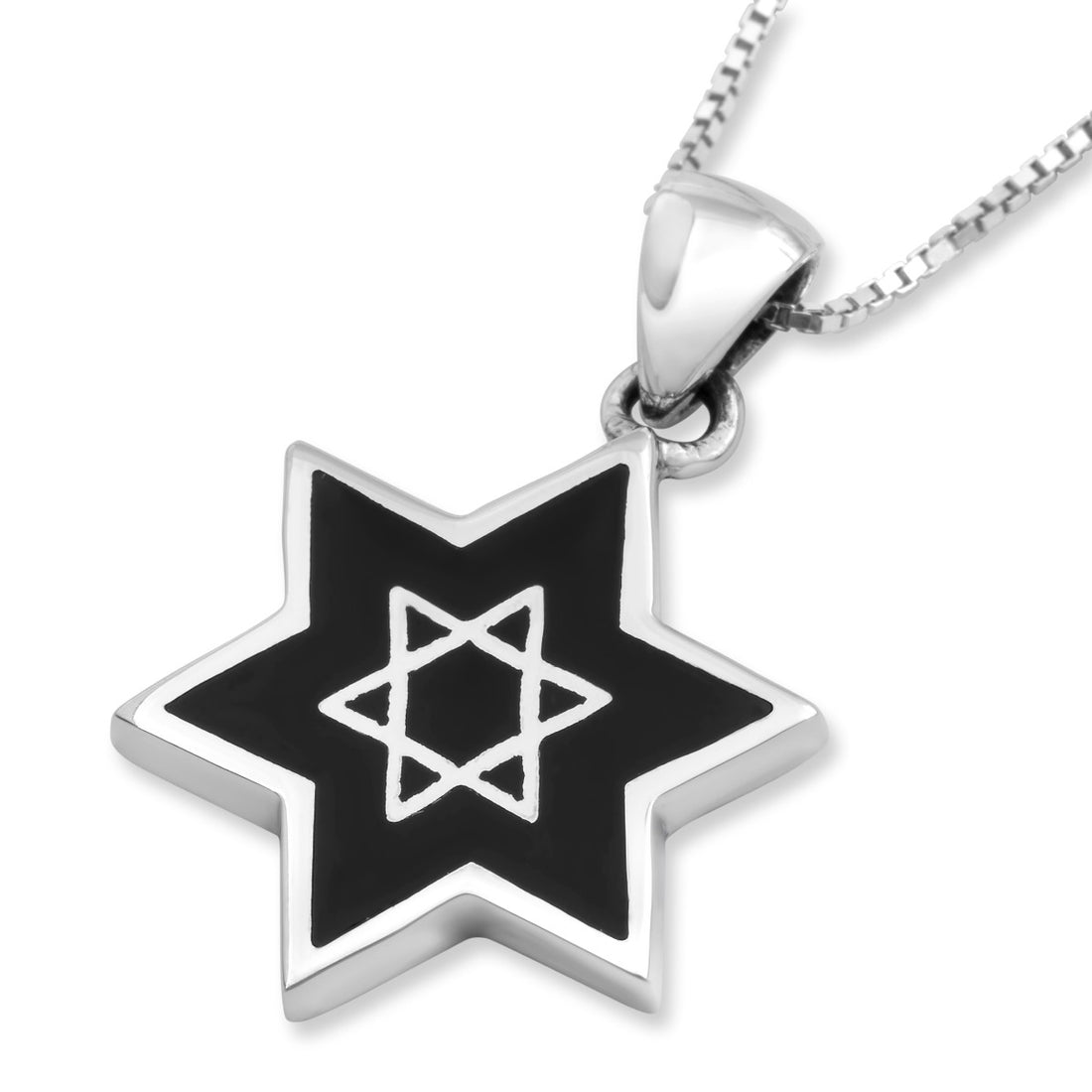 Sterling Silver Star of David Pendant Necklace with Onyx Filling