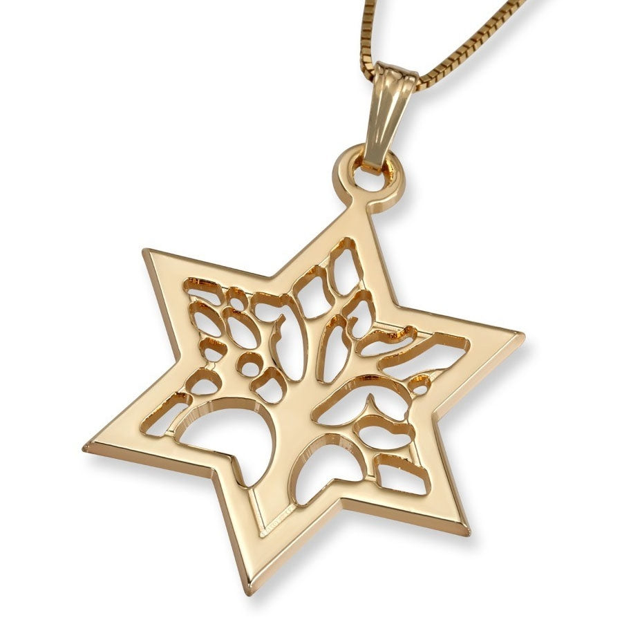 14K Gold Star of David with Tree of Life Design Pendant Necklace (Choice of Color)