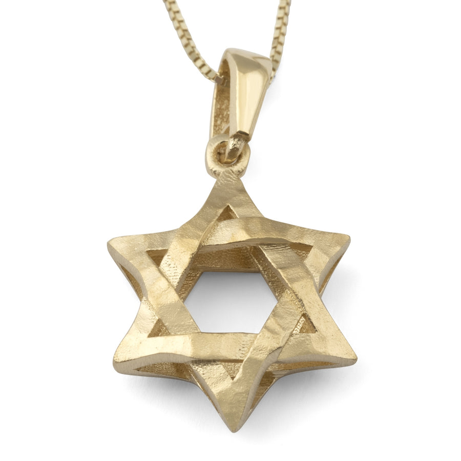 14K Gold Three-Dimensional Star of David Pendant Necklace With Interlocking Design