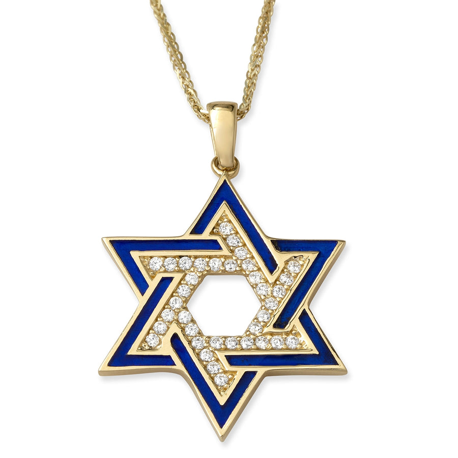 14K Yellow Gold and Blue Enamel Interlocking Star of David Pendant Necklace With Cubic Zirconia Stones