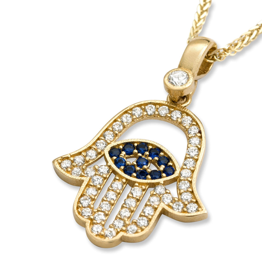 14K Yellow Gold Hamsa & Evil Eye Pendant Necklace With Cubic Zirconia Stones