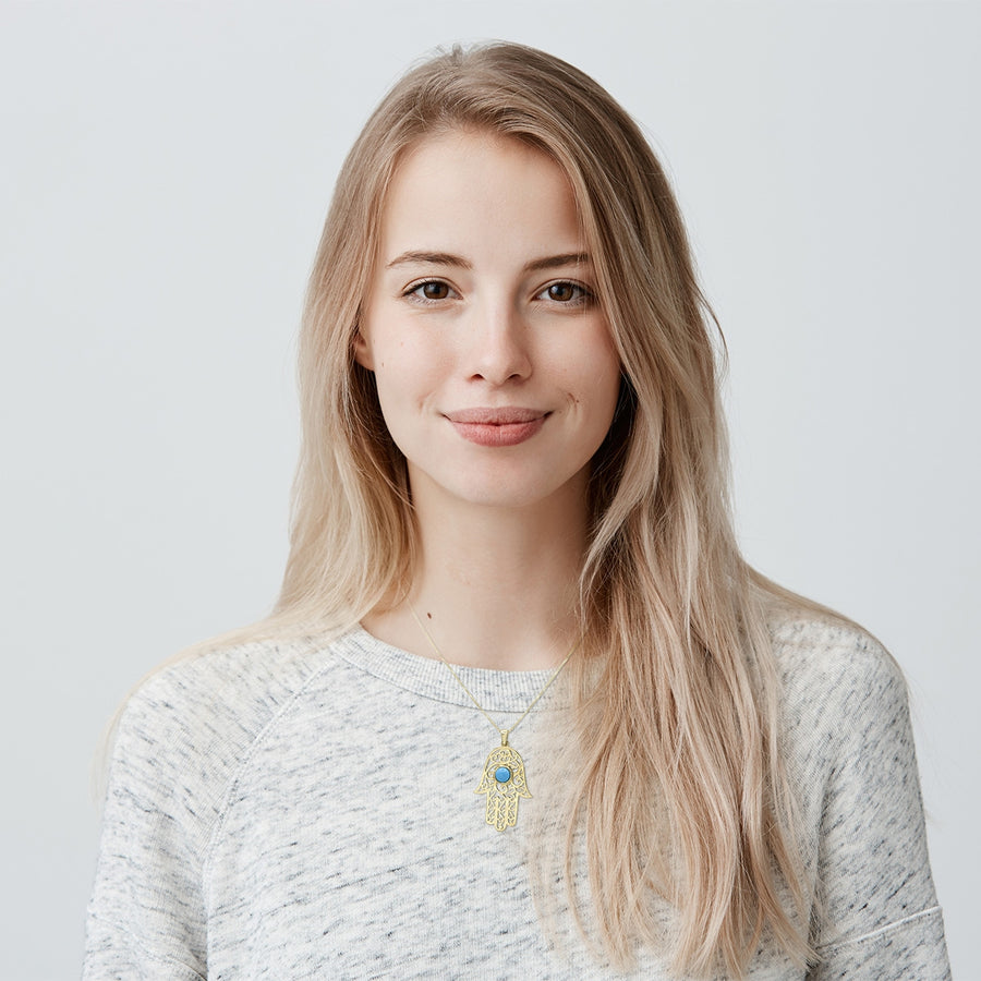 14K Yellow Gold Filigreed Hamsa Pendant Necklace With Turquoise Stone