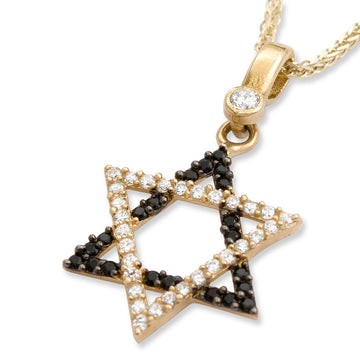 14K Yellow Gold Star of David Pendant Necklace With Black & White Cubic Zirconia Stones