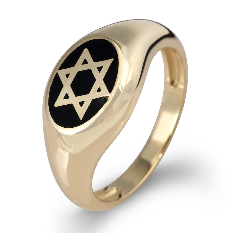 14K Yellow Gold Star of David Ring with Black Enamel