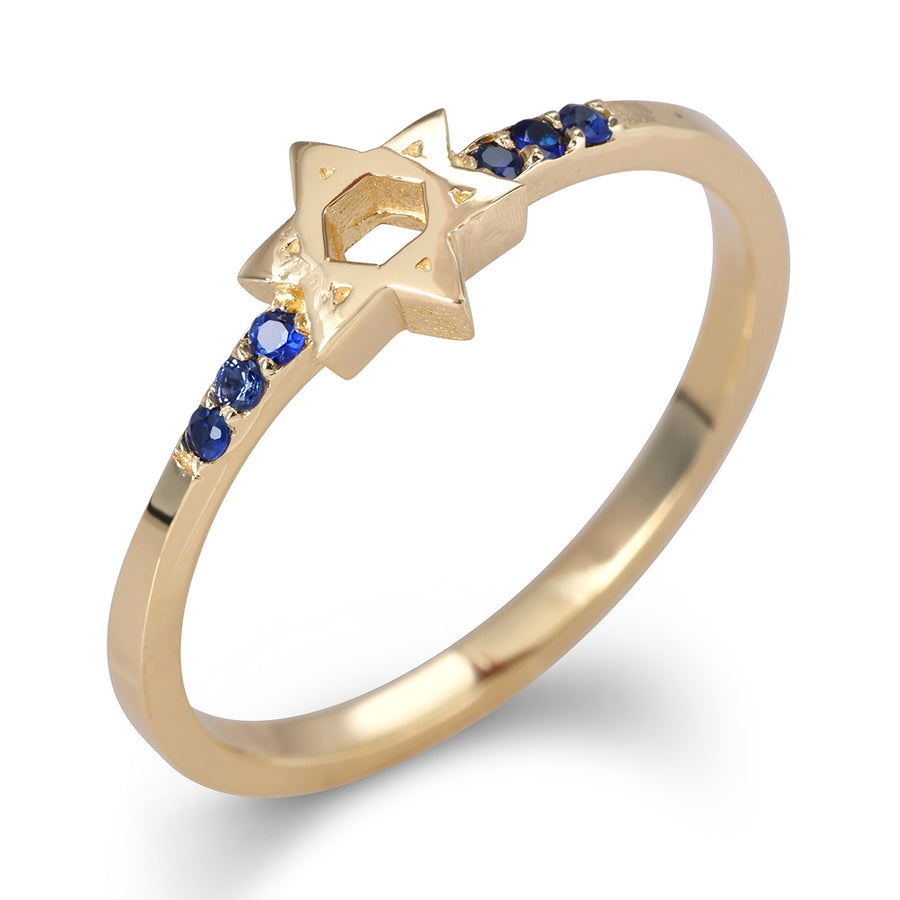 14K Yellow Gold Star of David Ring With Blue Sapphire Stones
