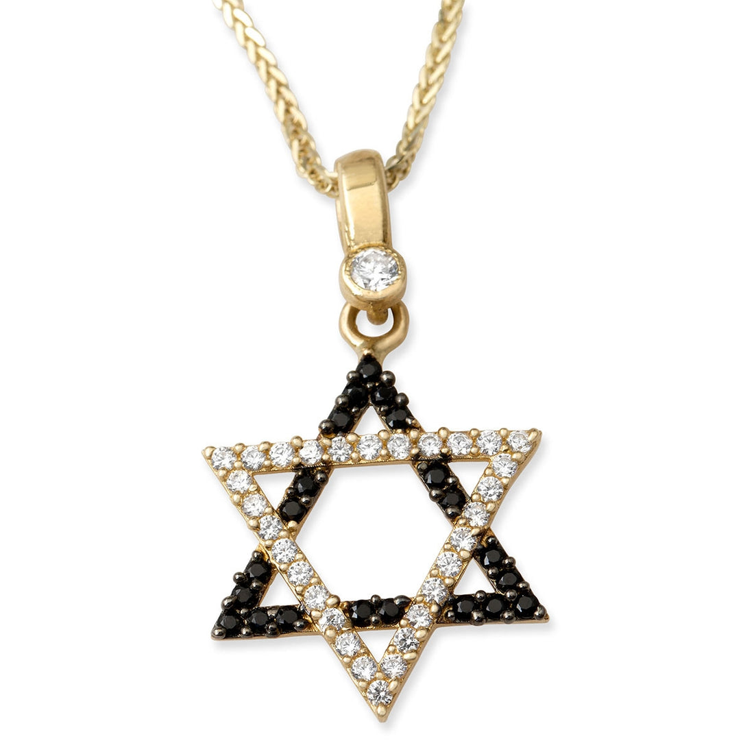 14K Yellow Gold Star of David Pendant Necklace With Black & White Cubic Zirconia Stones
