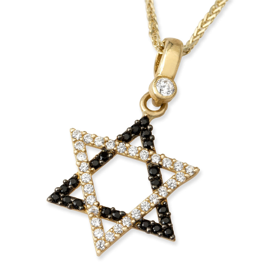 14K Yellow Gold Star of David Pendant Necklace With Black & White Cubic Zirconia Stones