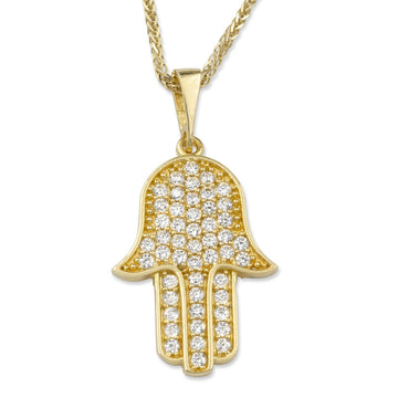 Luxurious 14K Yellow Gold Hamsa Pendant Necklace With Cubic Zirconia Stones