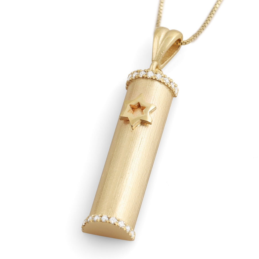 Deluxe 14K Yellow Gold Mezuzah Case Diamond Pendant Necklace (Choice of Color)