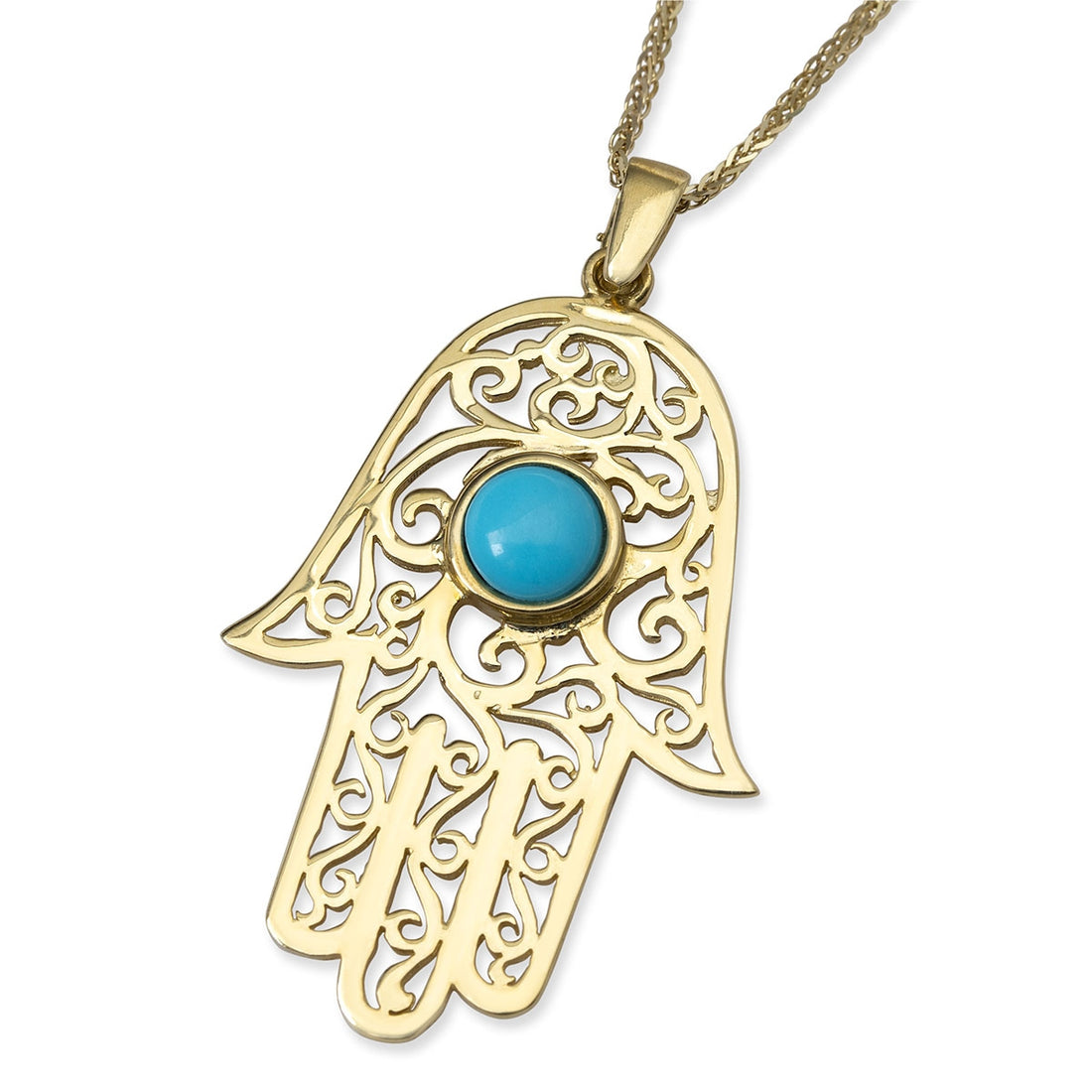 14K Yellow Gold Filigreed Hamsa Pendant Necklace With Turquoise Stone