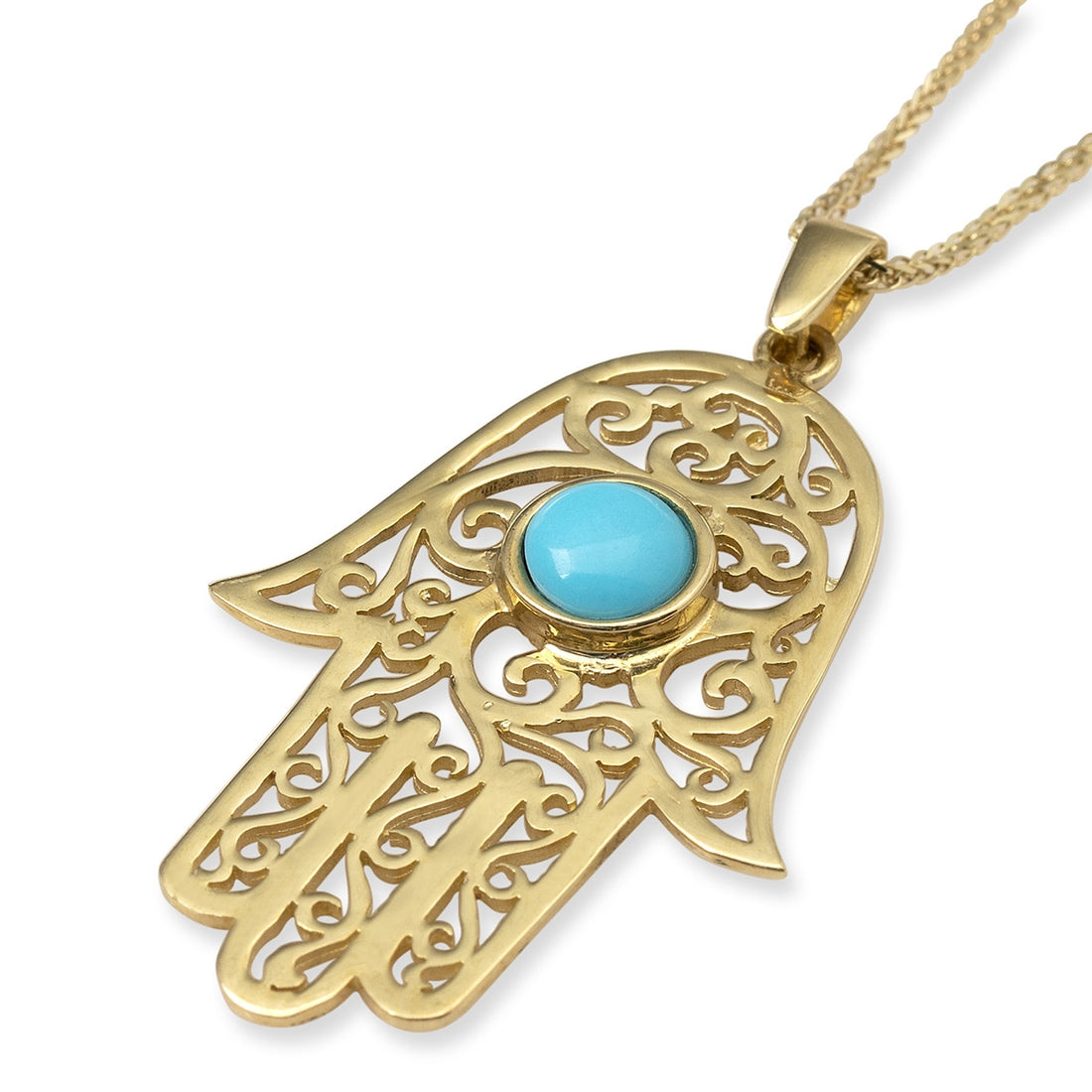14K Yellow Gold Filigreed Hamsa Pendant Necklace With Turquoise Stone
