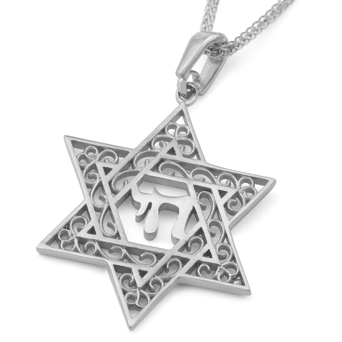 14K Gold Star of David Pendant Necklace With Chai Design
