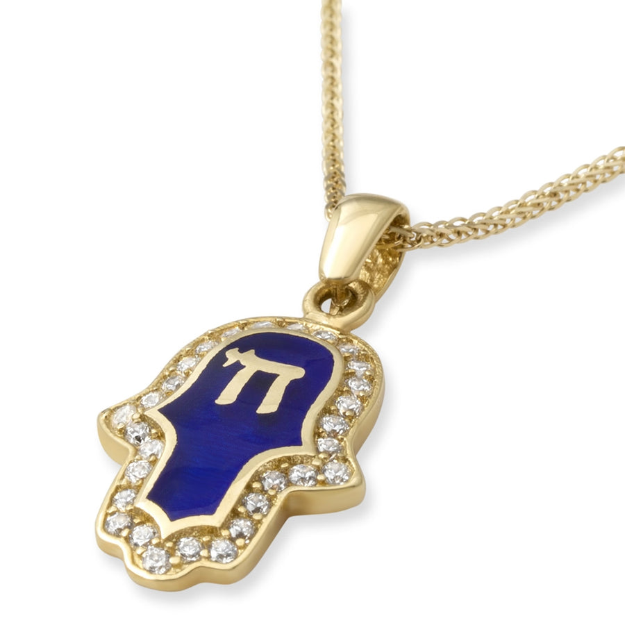 Luxurious 14K Gold Hamsa Chain Pendant Necklace with Blue Enamel