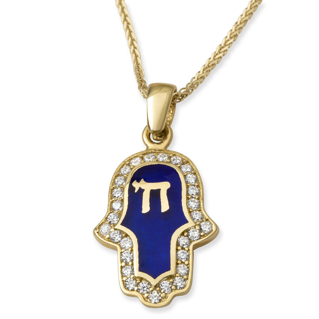 Luxurious 14K Gold Hamsa Chain Pendant Necklace with Blue Enamel