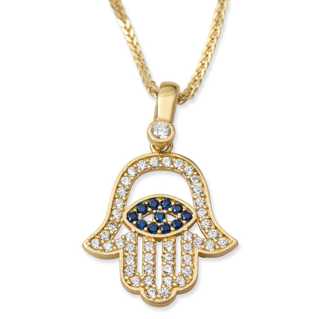 14K Yellow Gold Hamsa & Evil Eye Pendant Necklace With Cubic Zirconia Stones
