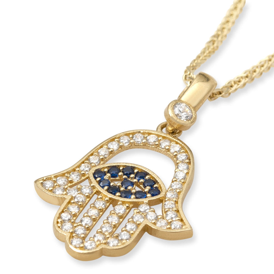14K Yellow Gold Hamsa & Evil Eye Pendant Necklace With Cubic Zirconia Stones