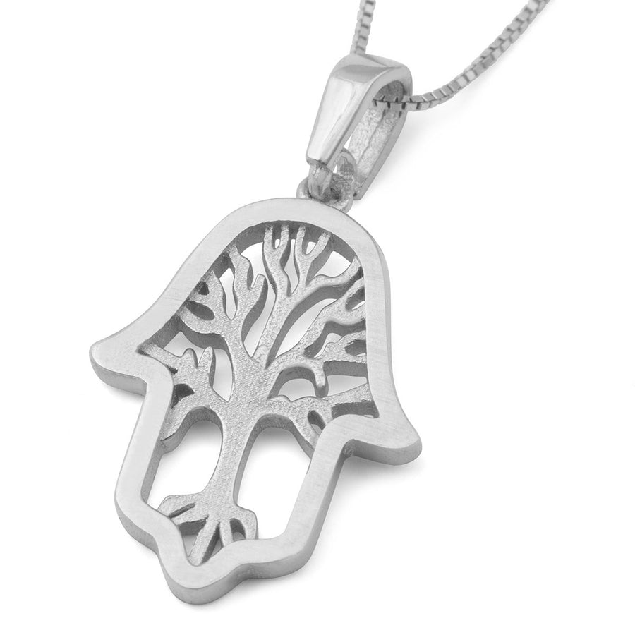 14K Gold Hamsa Pendant Necklace With Tree of Life Design