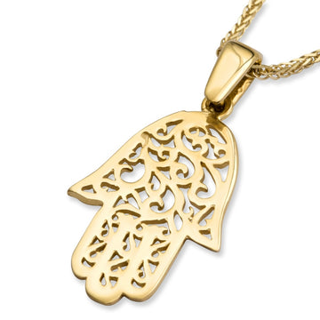 Trendy 14K Yellow Gold Hamsa Pendant Necklace With Filigree Design