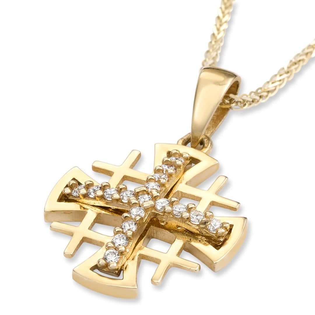14K Gold Jerusalem Cross Pendant with Cubic Zirconia Stones