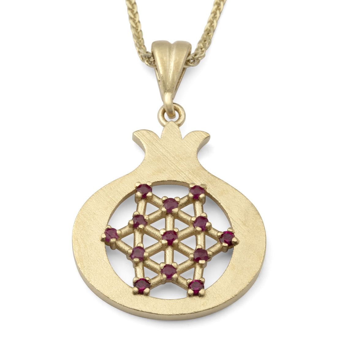 14K Yellow Gold Pomegranate Pendant Necklace With Star of David Design & Ruby Stones