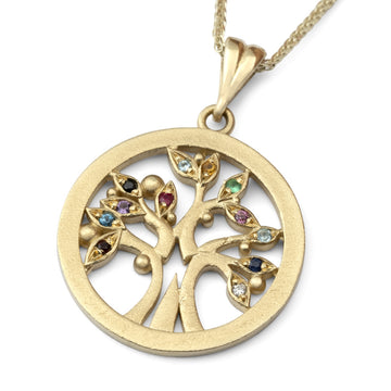 14K Yellow Gold Tree of Life Pendant Necklace With Colorful Gemstones