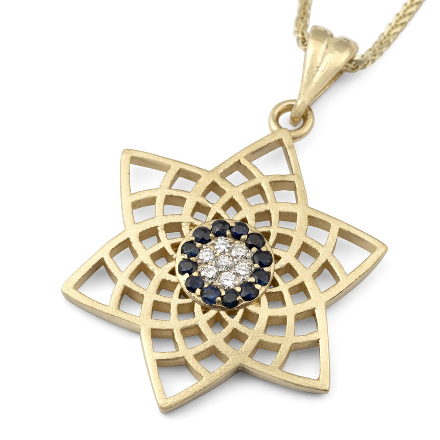 Modern 14K Yellow Gold Star of David Diamond Pendant Necklace With Sapphire Stones