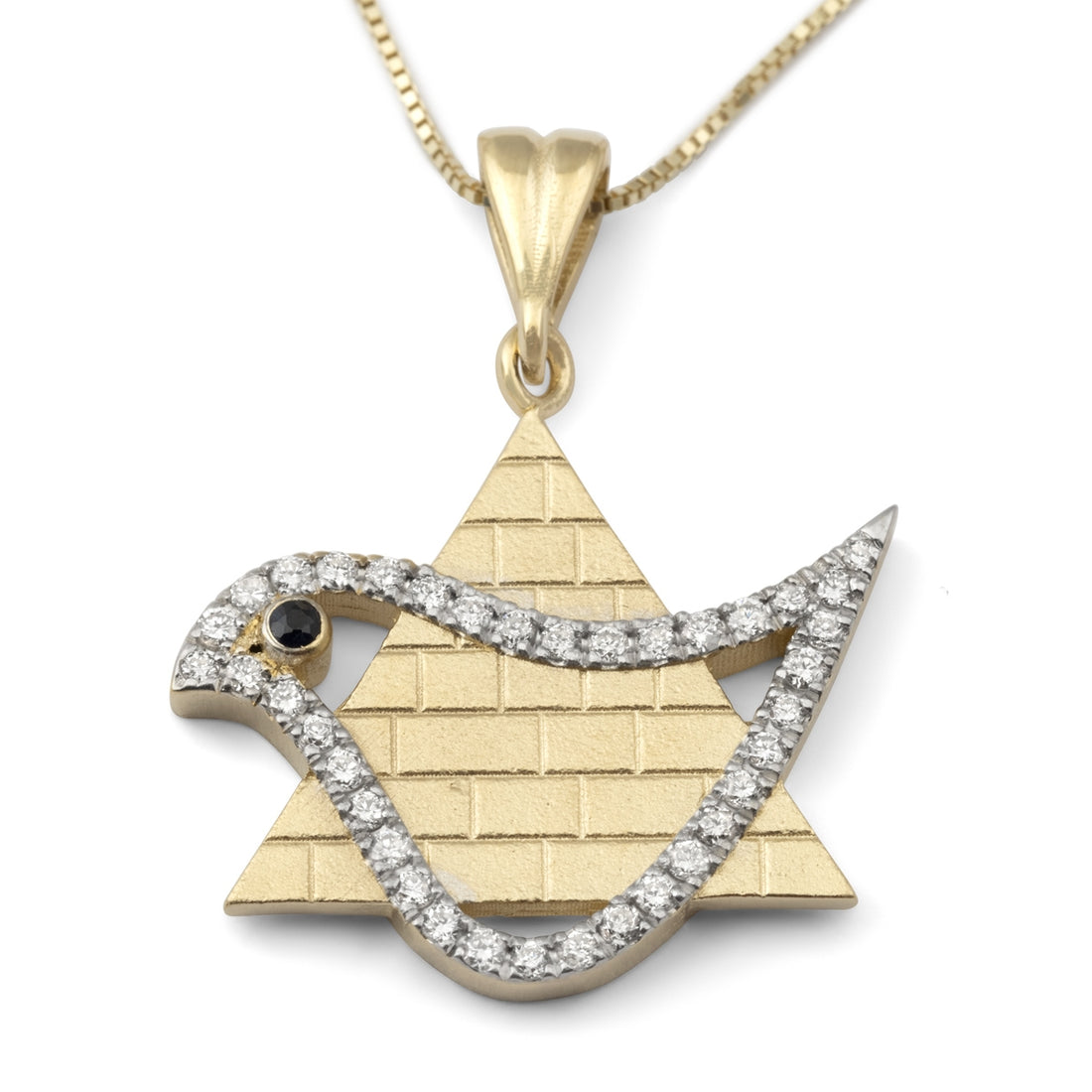 14K Yellow Gold Star of David Diamond Pendant Necklace With Dove of Peace Design