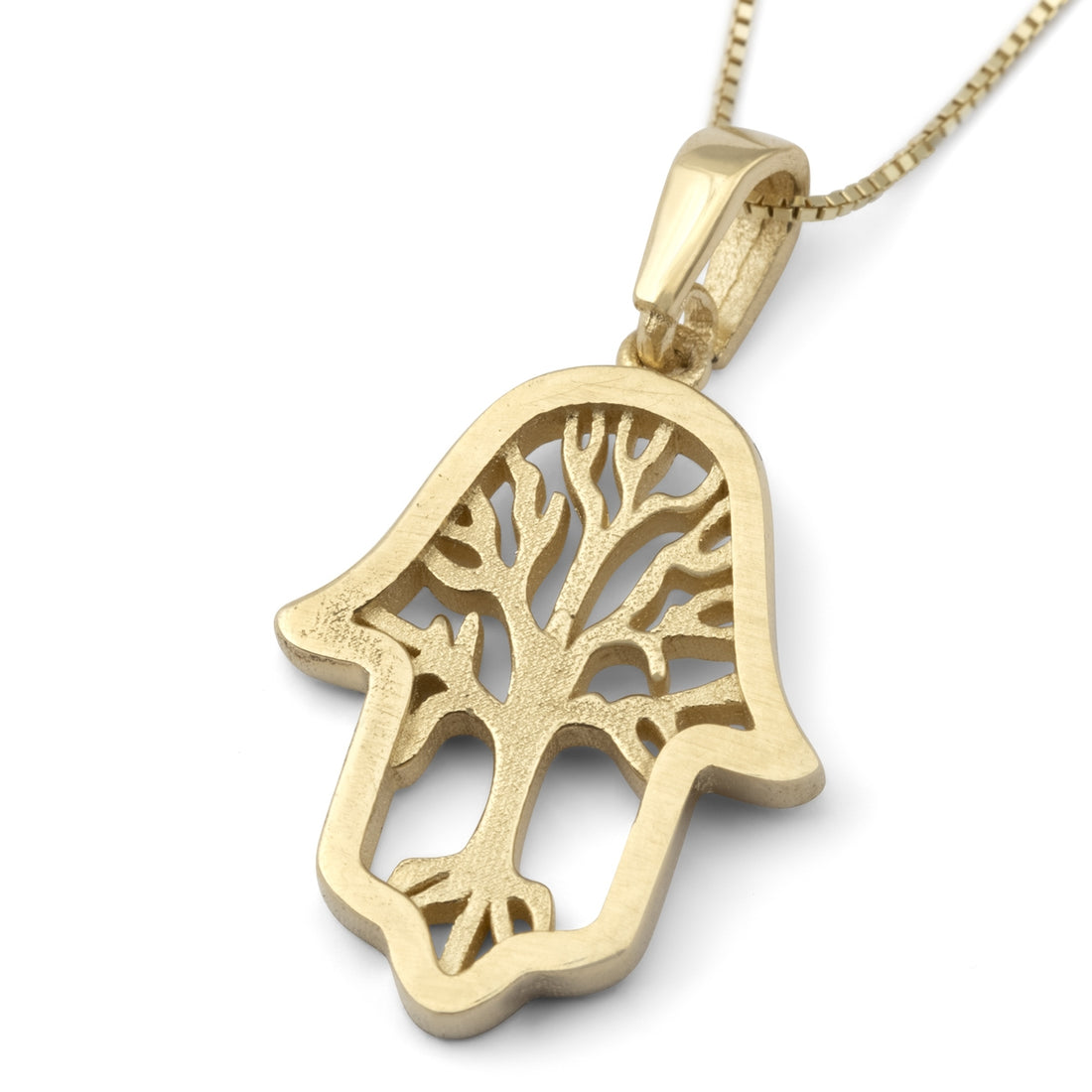 14K Gold Hamsa Pendant Necklace With Tree of Life Design