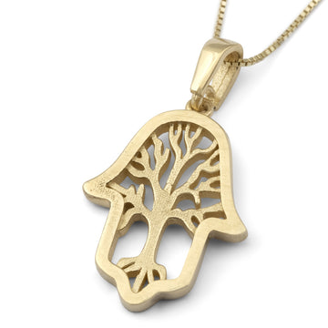 14K Gold Hamsa Pendant Necklace With Tree of Life Design