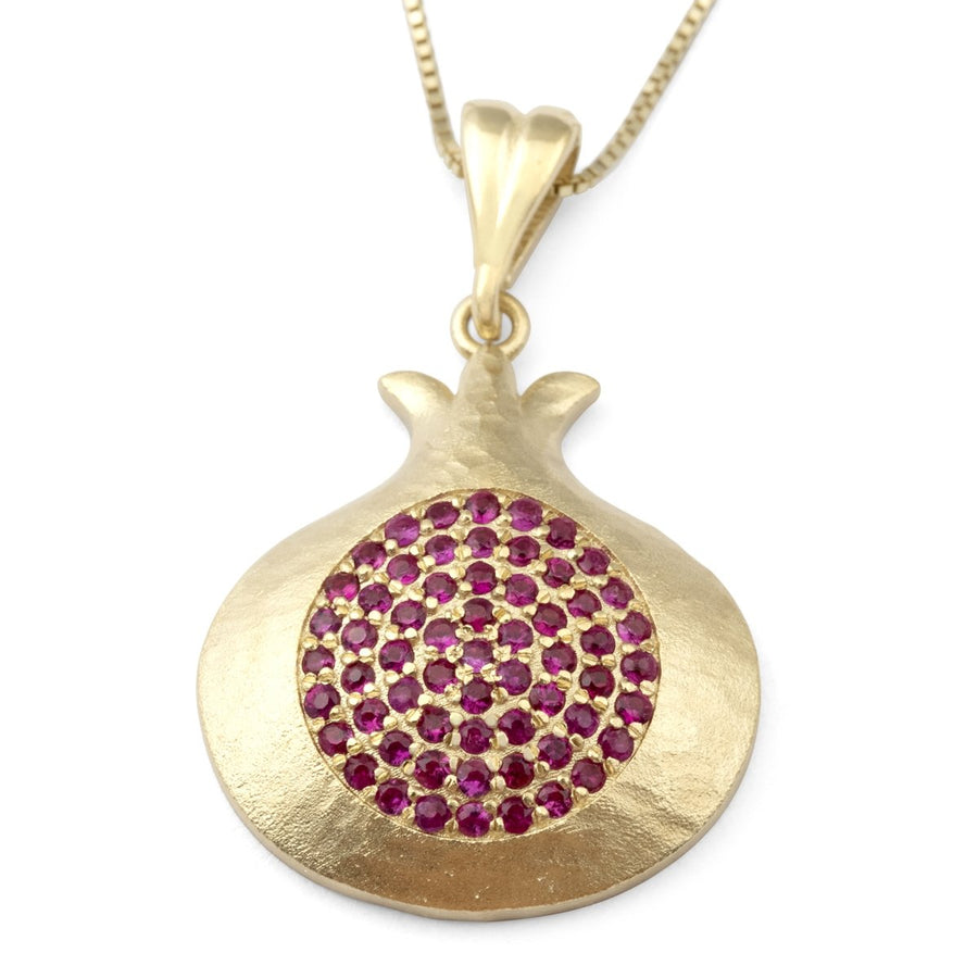 Luxurious 14K Yellow Gold Pomegranate Pendant Necklace With Ruby Stones