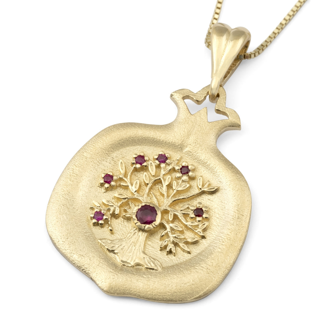 Luxurious 14K Yellow Gold Pomegranate Pendant Necklace With Ruby-Accented Tree of Life Design