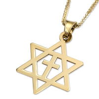 14K Gold Star of David Latin Cross Pendant Necklace