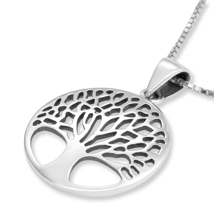 Large Sterling Silver Circular Unisex Pendant Necklace With Tree of Life Design