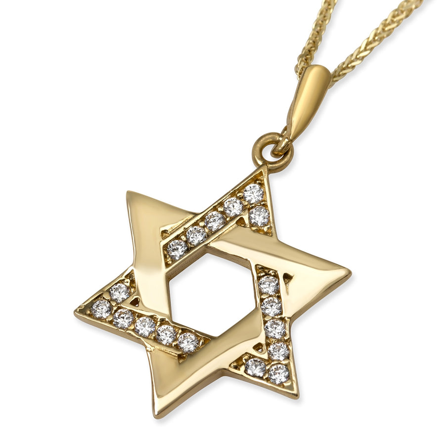14K Yellow Gold Interlocking Star of David Pendant Necklace with Cubic Zirconia